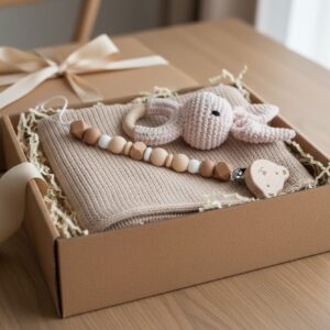 Pierwsza Miękkość Zestaw Prezentowy – kocyk, grzechotka i zawieszka do smoczka