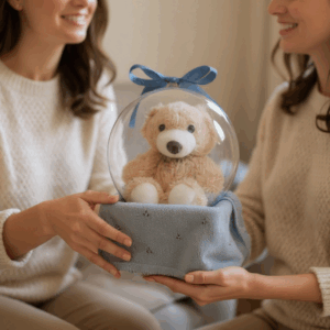 Ciepłe powitanie Zestaw Prezentowy – kocyk, miś w balonie i zawieszka do smoczka